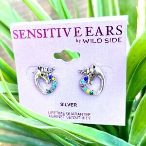 Sterling Silver Heart Unicorn Post Earrings with multicoloured rhinestones NWT